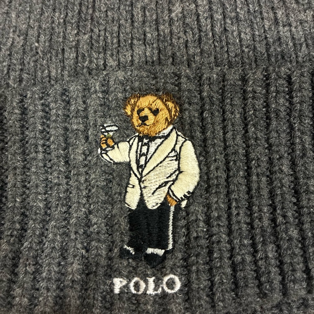 Polo by Ralph Lauren Charcoal Ribbed Beanie with Martini Bear Embroidery OS